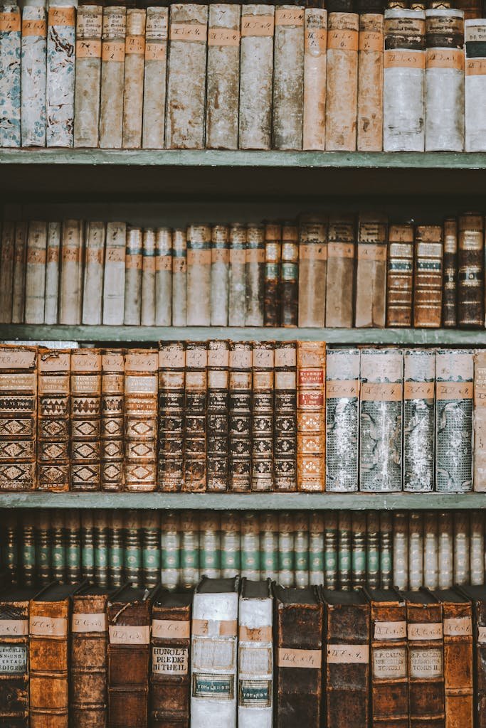 A collection of vintage books on an antique bookshelf, showcasing ornate hardcover designs.