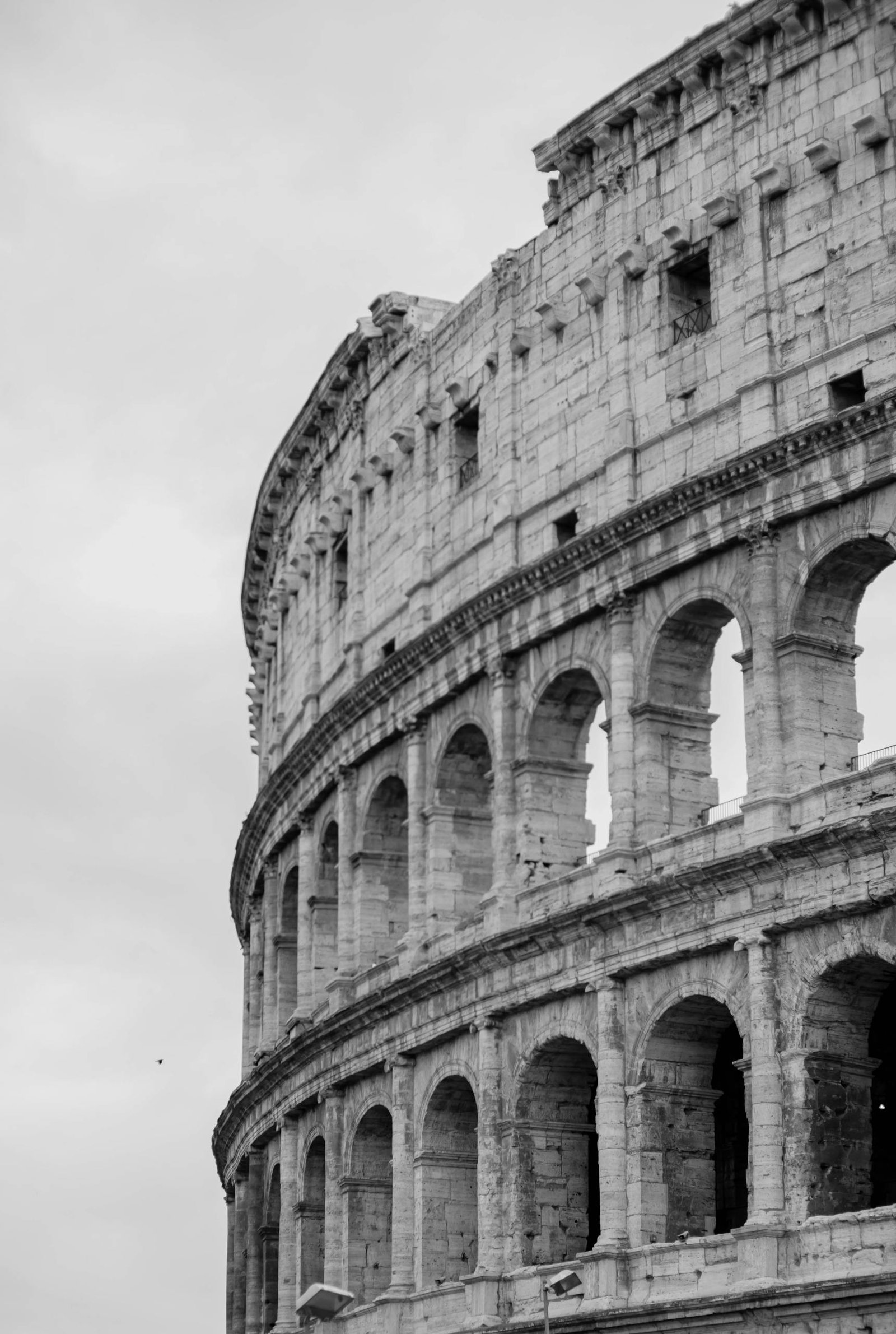 A black and white capture of the ancient Colosseum, highlighting its historic Roman architecture.