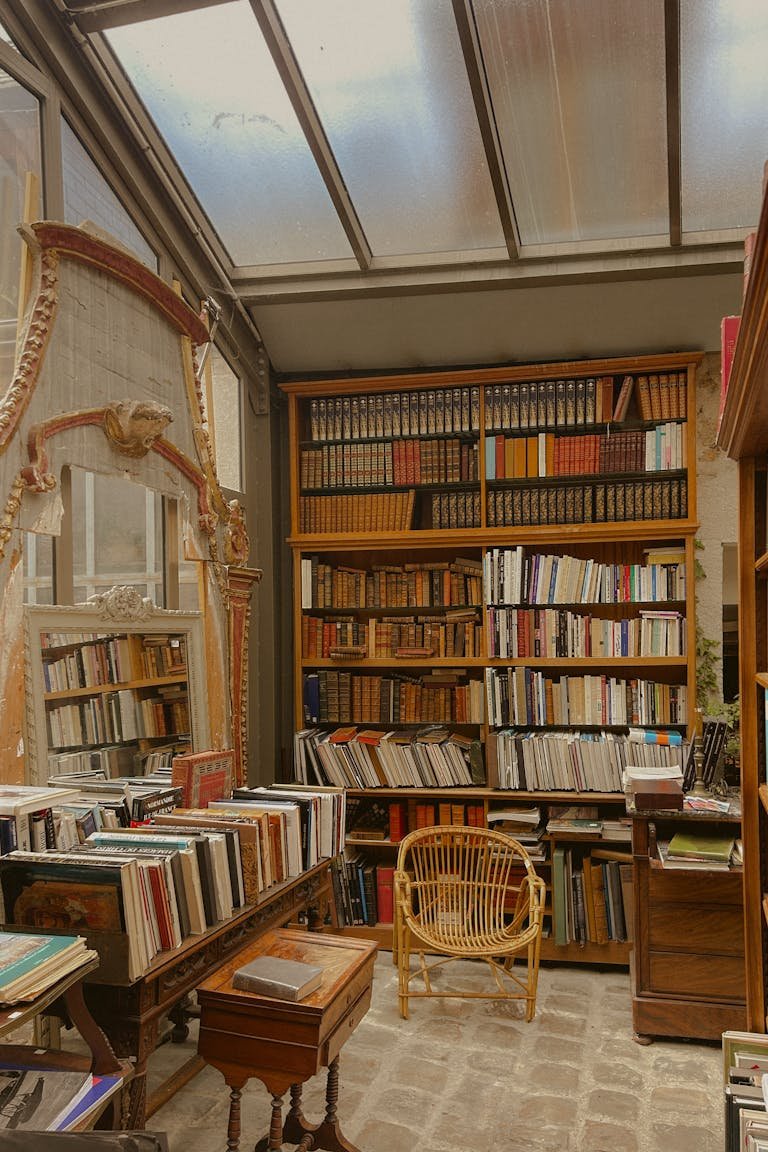 Cozy and vintage bookstore in Versailles, France with books and antique decor.