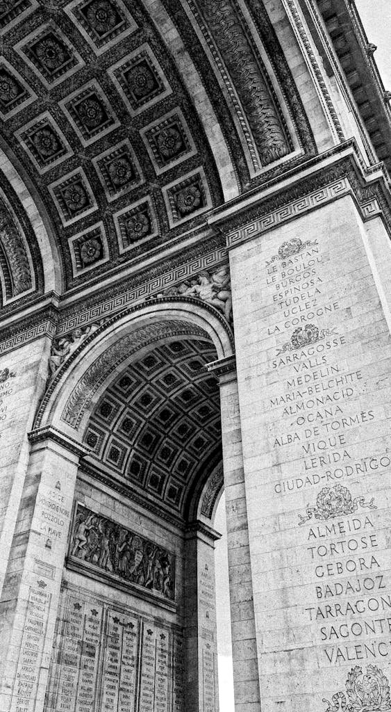 Detailed view of the Arc de Triomphe's interior architecture in Paris, France.